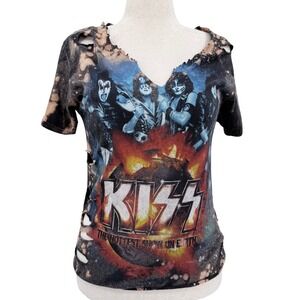 KISS The Hottest Show On Earth 2010 Bleached Distressed V-Neck T-Shirt Holes Sz